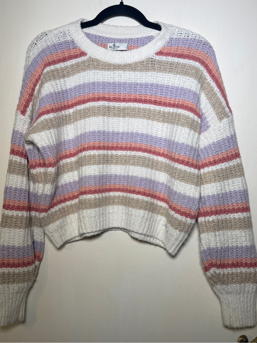 Hollister Women's Cropped Striped Knit Sweater - White with Pastel Stripes Small